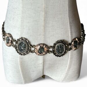 Vintage Jade Chip Bronze Chain Link Belt Natural Stone Tan/Green/Jade Chips 38”L